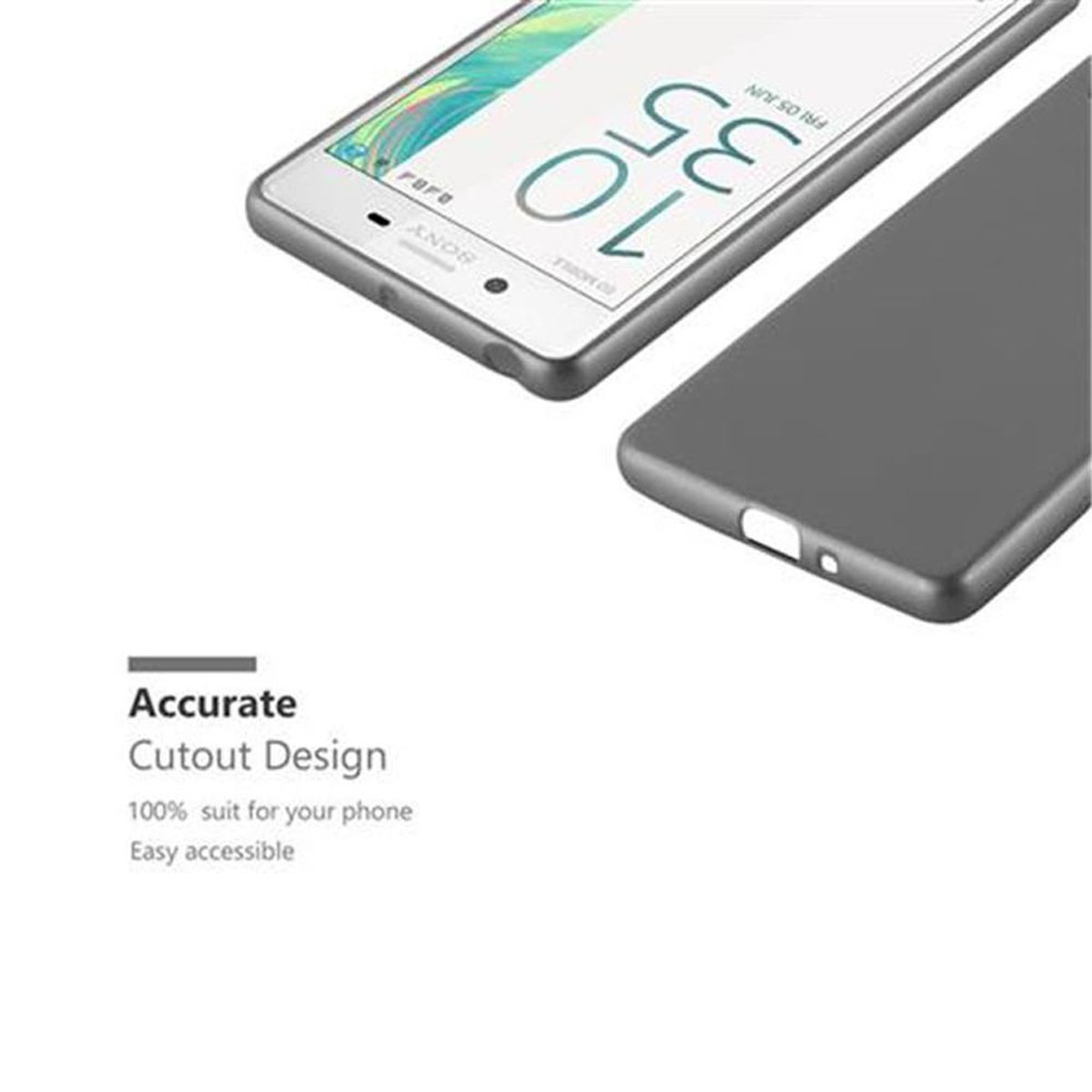 Telefono e custodia, colore grigio, sfondo bianco. Testo 'Accurate Cutout Design' visibile.
