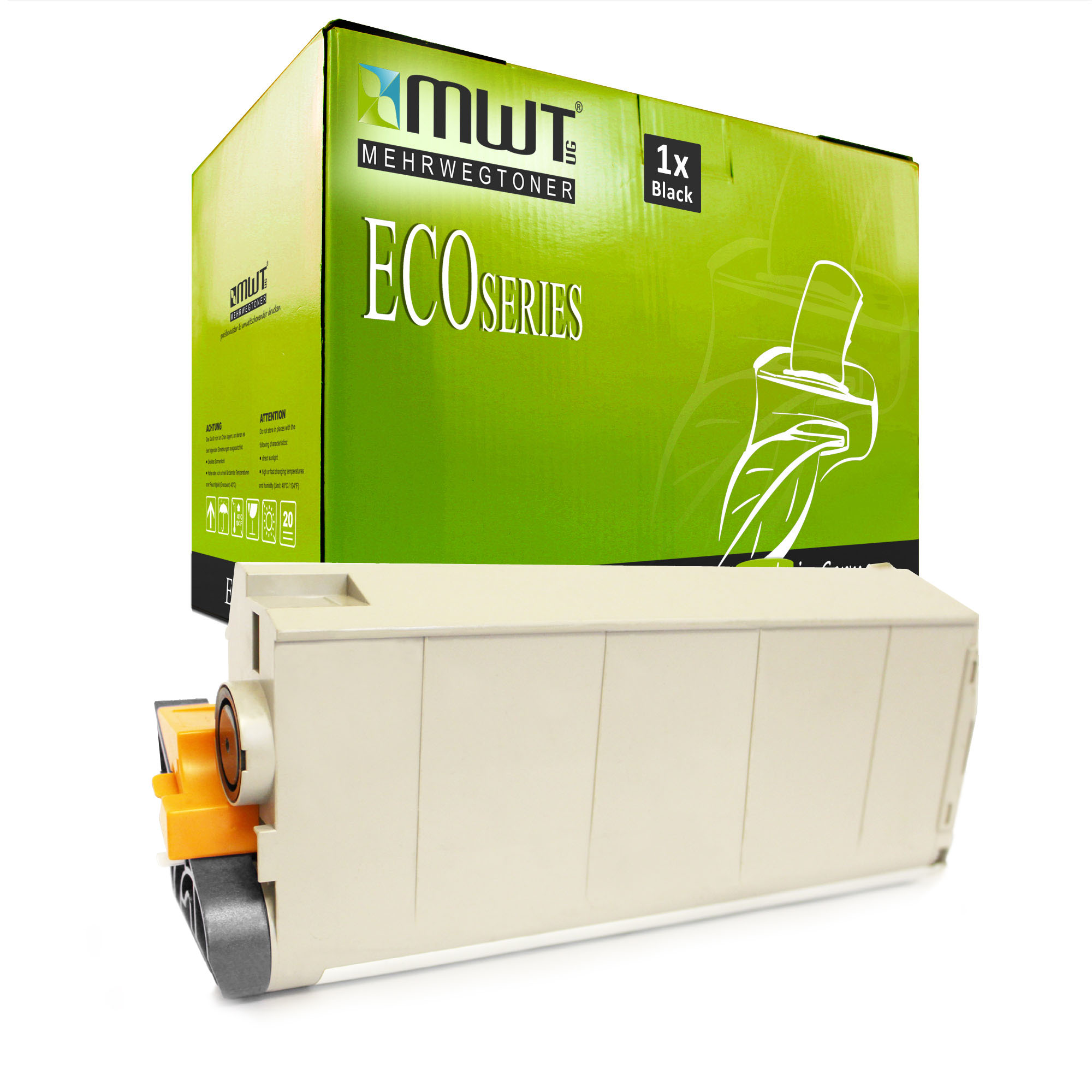 Beige und orangefarbene Tonerkartusche. Grüne Box mit ECO SERIES, 1x Schwarz.