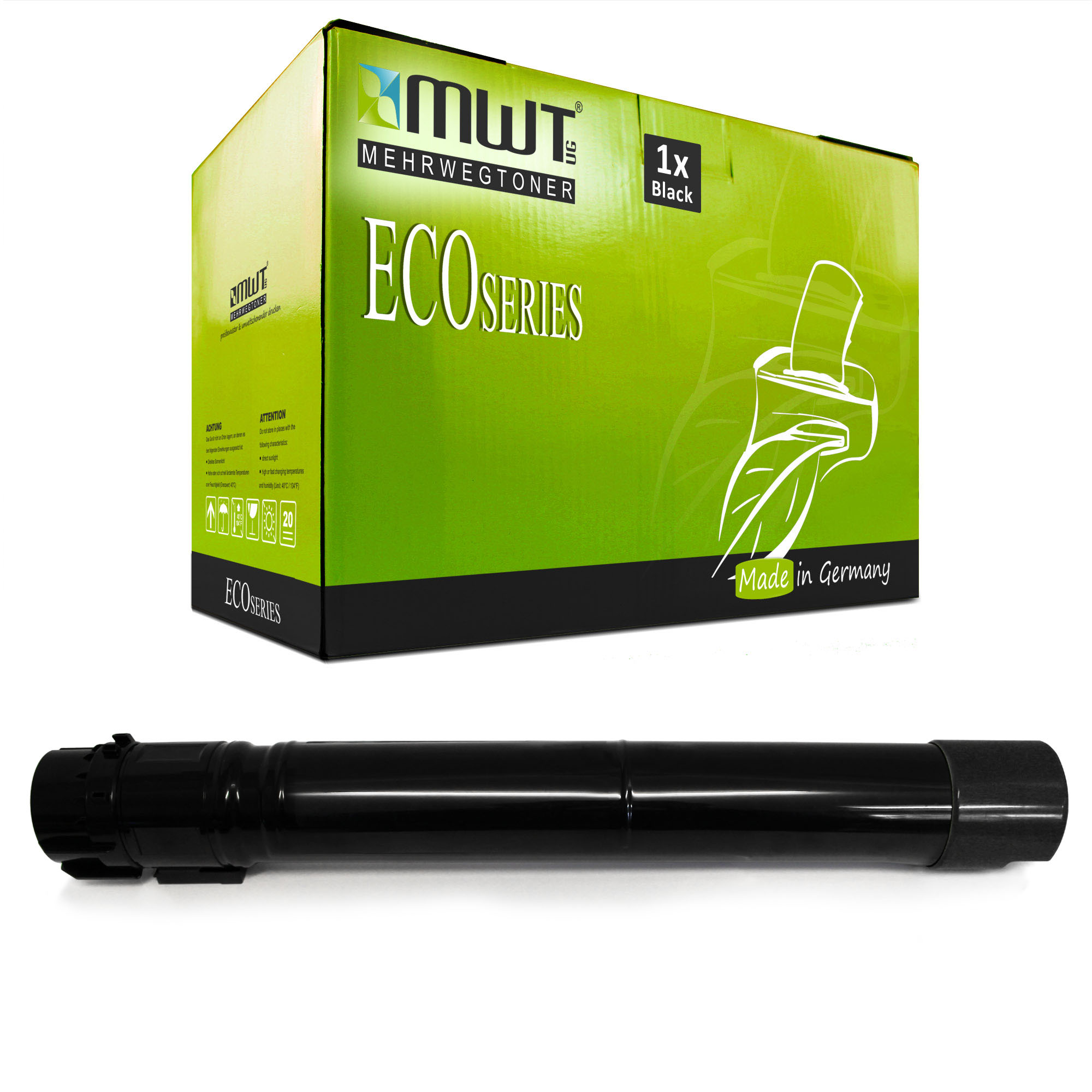 Grüne und schwarze Box mit schwarzer Tonerkartusche. Box hat 'ECO SERIES' und '1x Black' Beschriftungen.