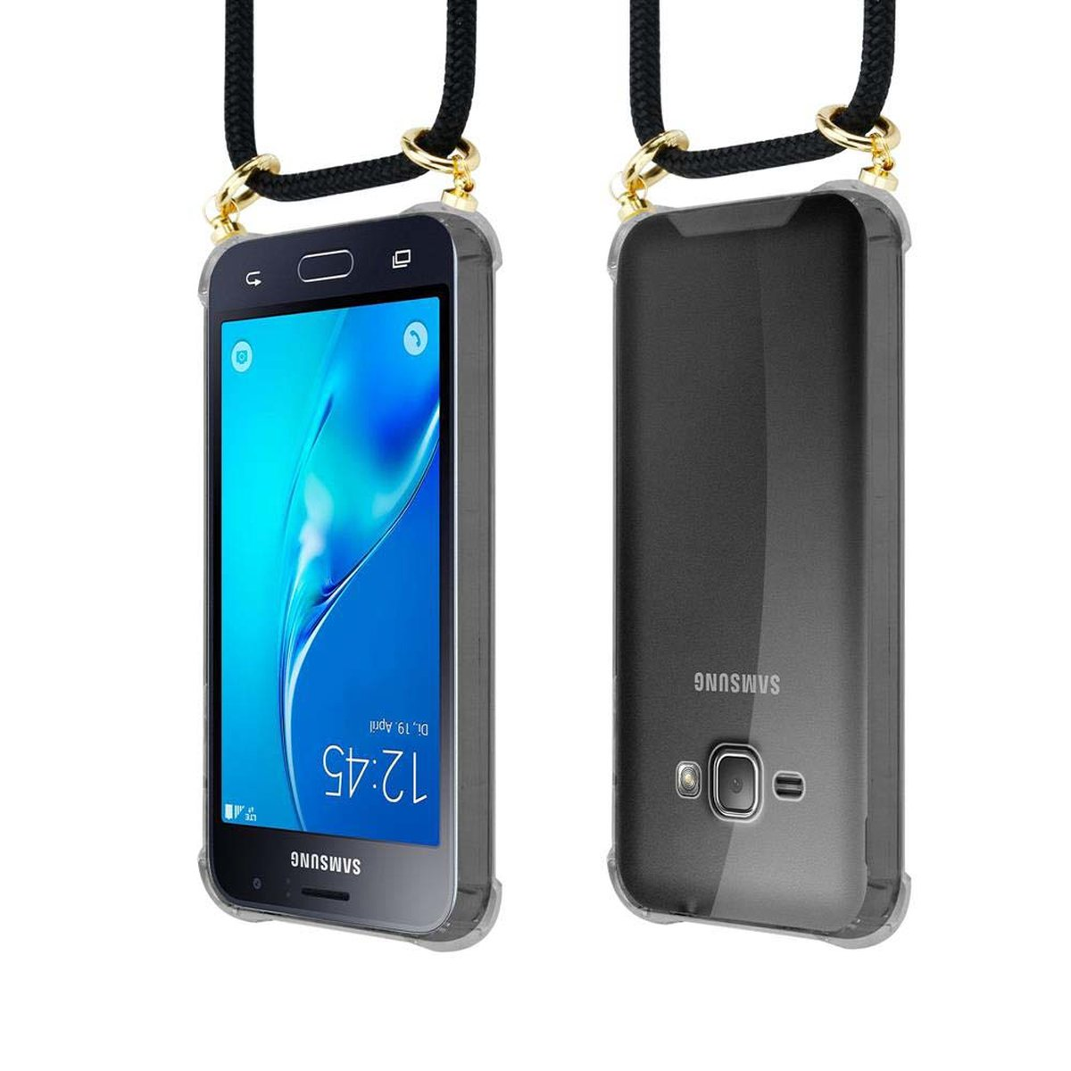 CADORABO Handy Kette mit Gold Galaxy abnehmbarer Samsung, J1 2016, und Kordel SCHWARZ Ringen, Band Hülle, Backcover