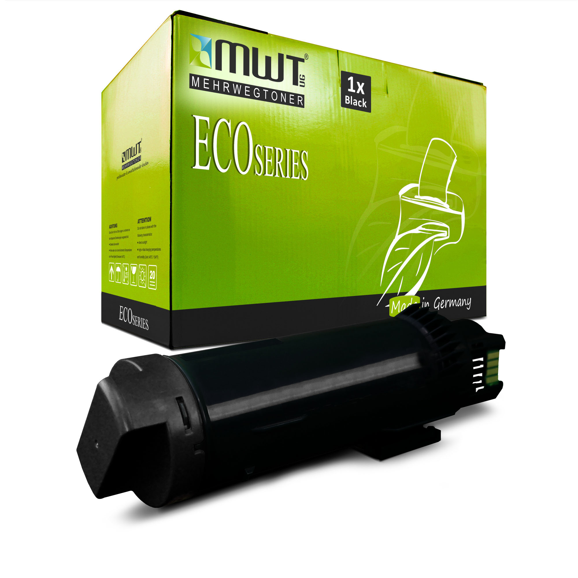 Schwarze Tonerkartusche und grüne Box. Box sagt 'ECO SERIES', 'Made in Germany'. Kartusche ist schwarz.