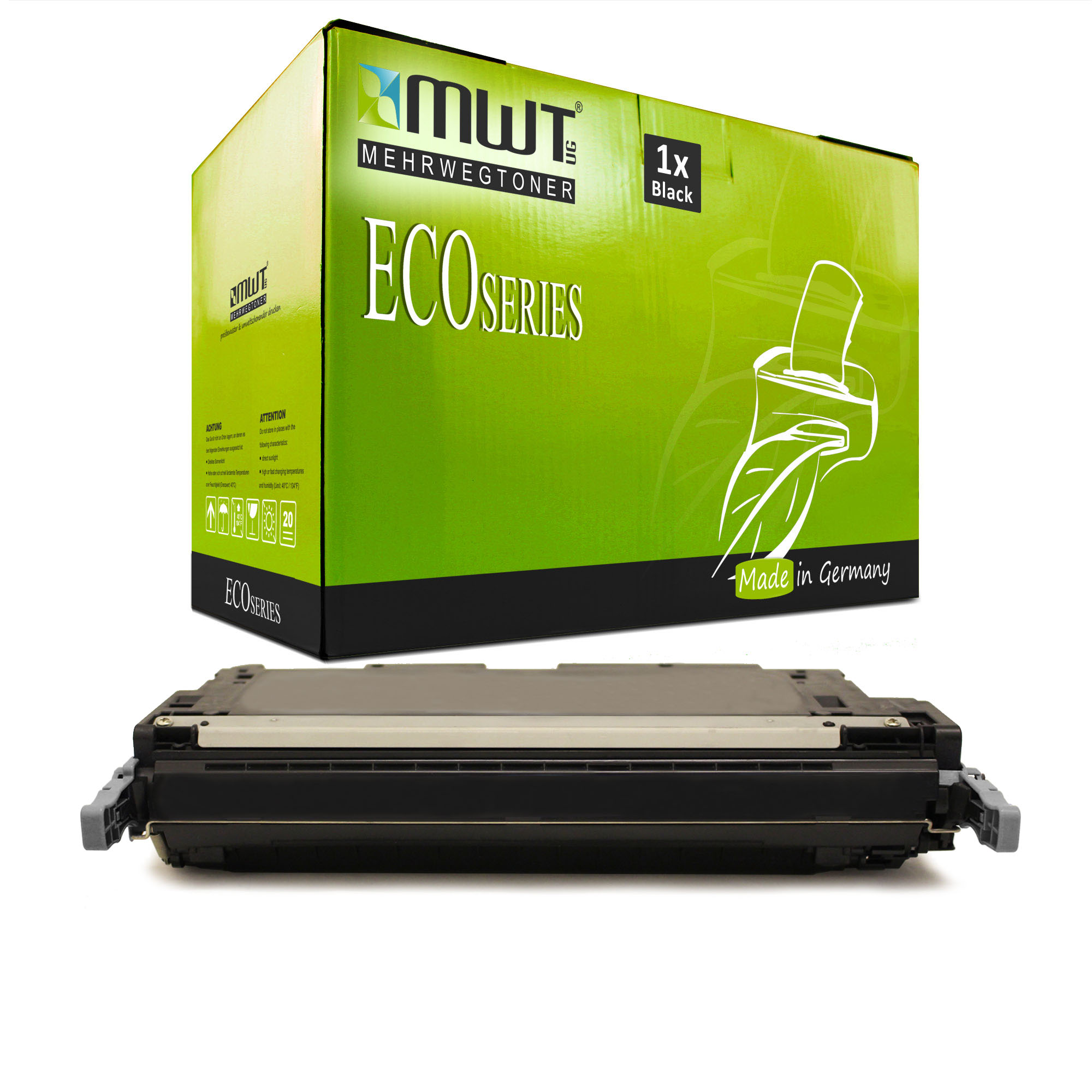 Schwarzer Toner und grüne Box mit ECO SERIES Text.