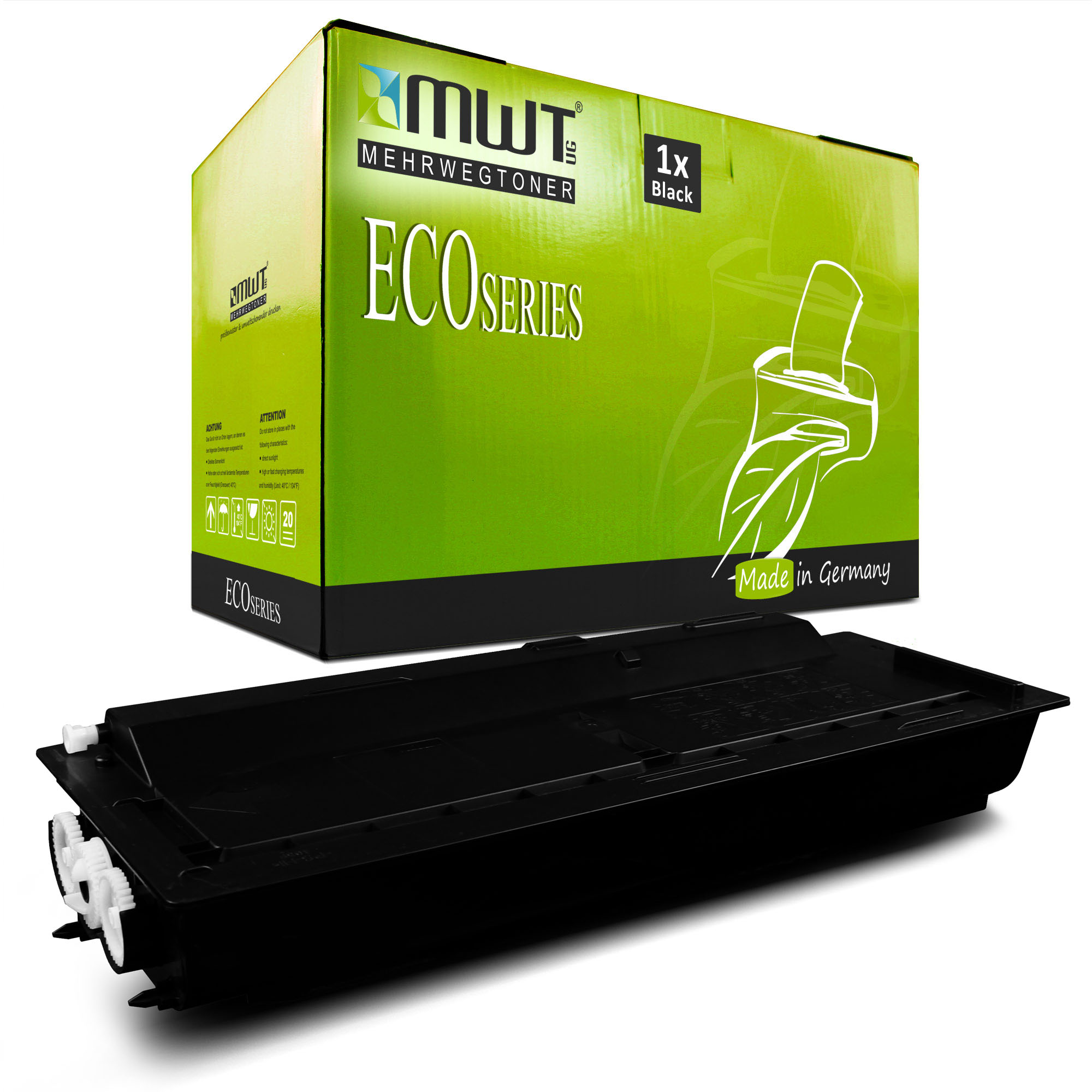 Grüne und weiße Box mit 'ECOSERIES' und 'MWT'-Logo. Markiert 1x Schwarz. Die Box hat ein Cartoon-Bild eines Blattes.