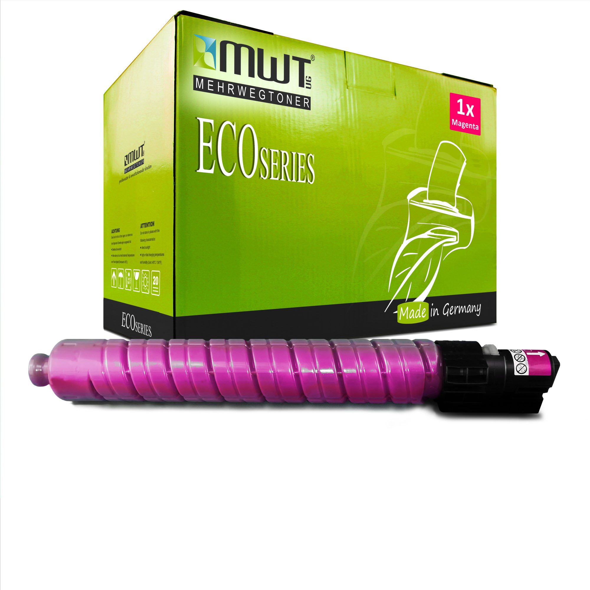 Magenta-Druckertoner mit Karton im Hintergrund. Auf der Box steht 'ECO SERIES'.