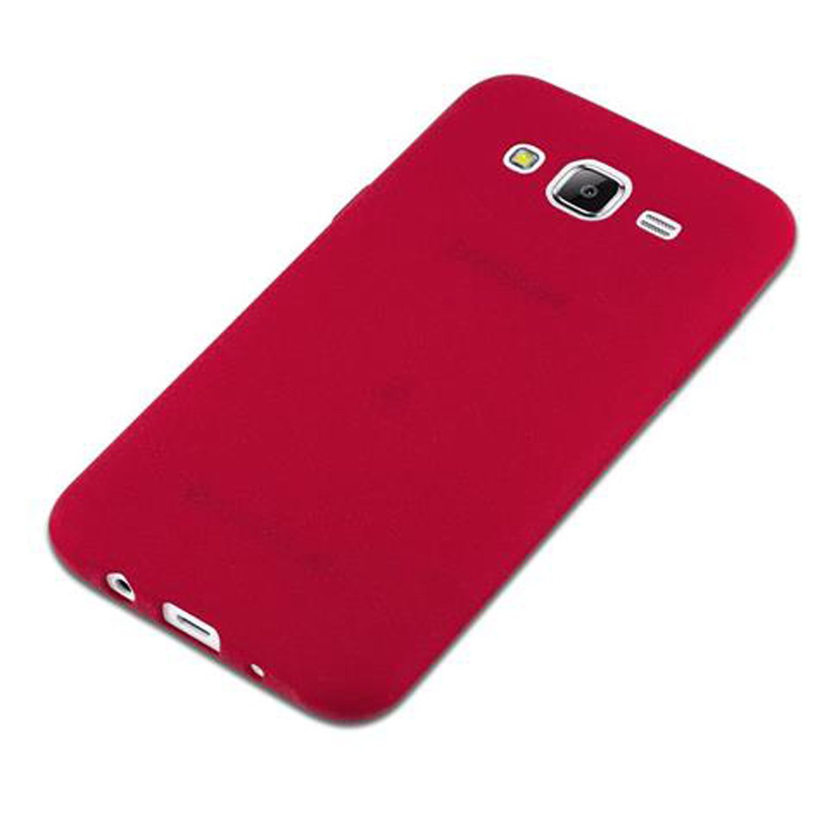 Custodia per telefono rossa con ritagli. La custodia ha ritagli per la fotocamera, la porta di ricarica e altre funzioni.