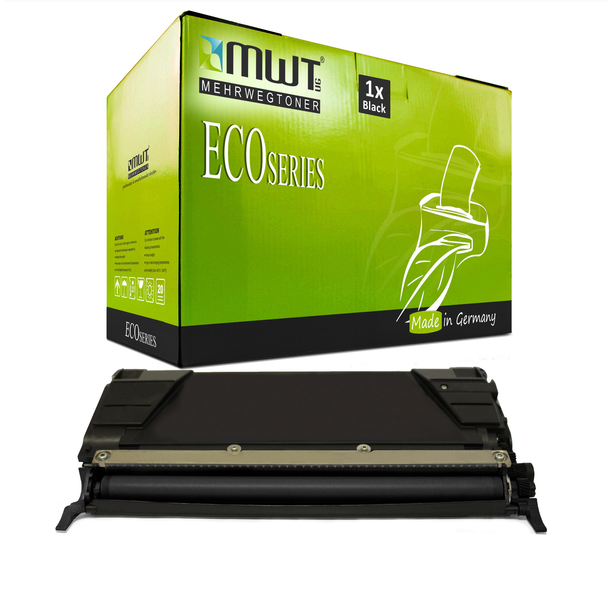 Schwarze Tonerkartusche und grüne Box mit der Aufschrift Eco Series.