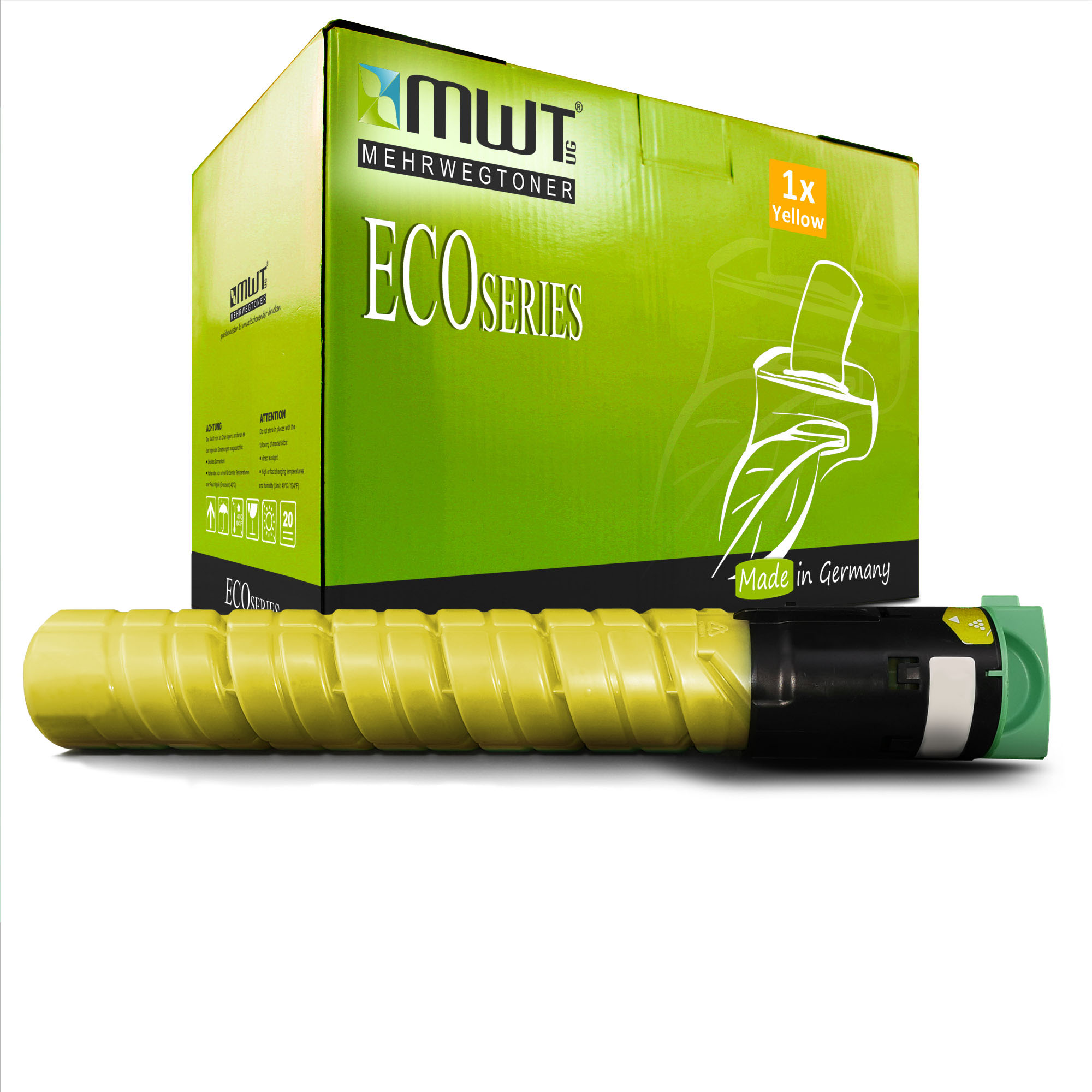 Gelbe Tonerkartusche mit grüner Box. Die Box hat Text und ein Logo. Weißer Hintergrund.