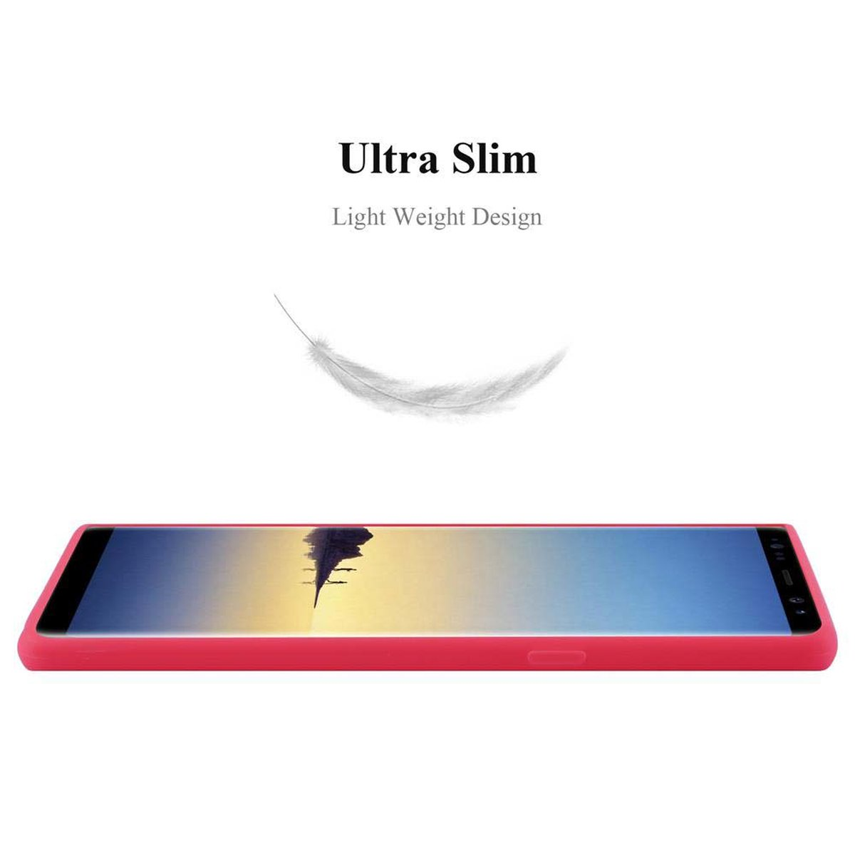 Una custodia rossa per telefono vista di lato, con testo sopra: Ultra Slim, Light Weight Design.