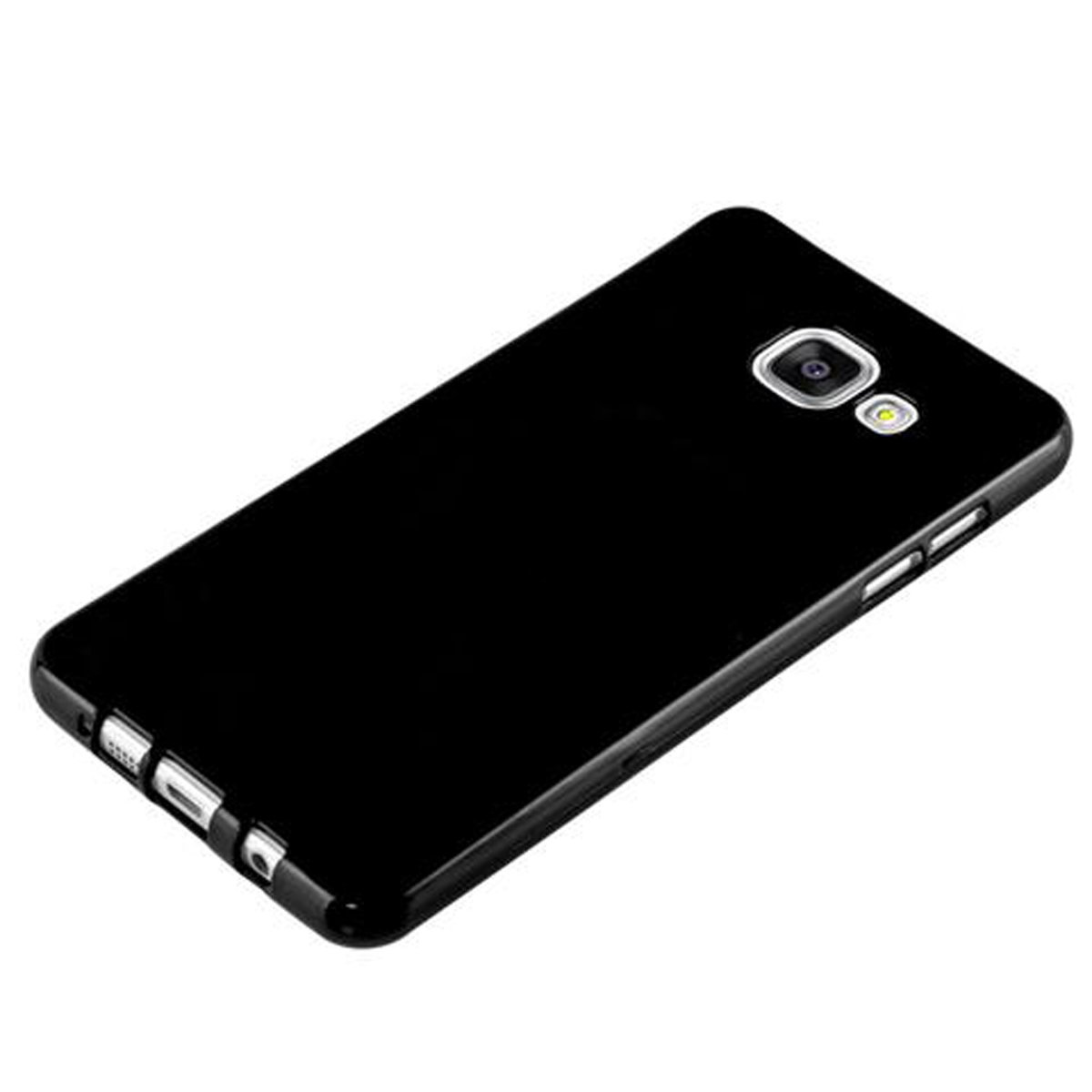 Una custodia nera per telefono. Ha fori per la fotocamera e altre porte.