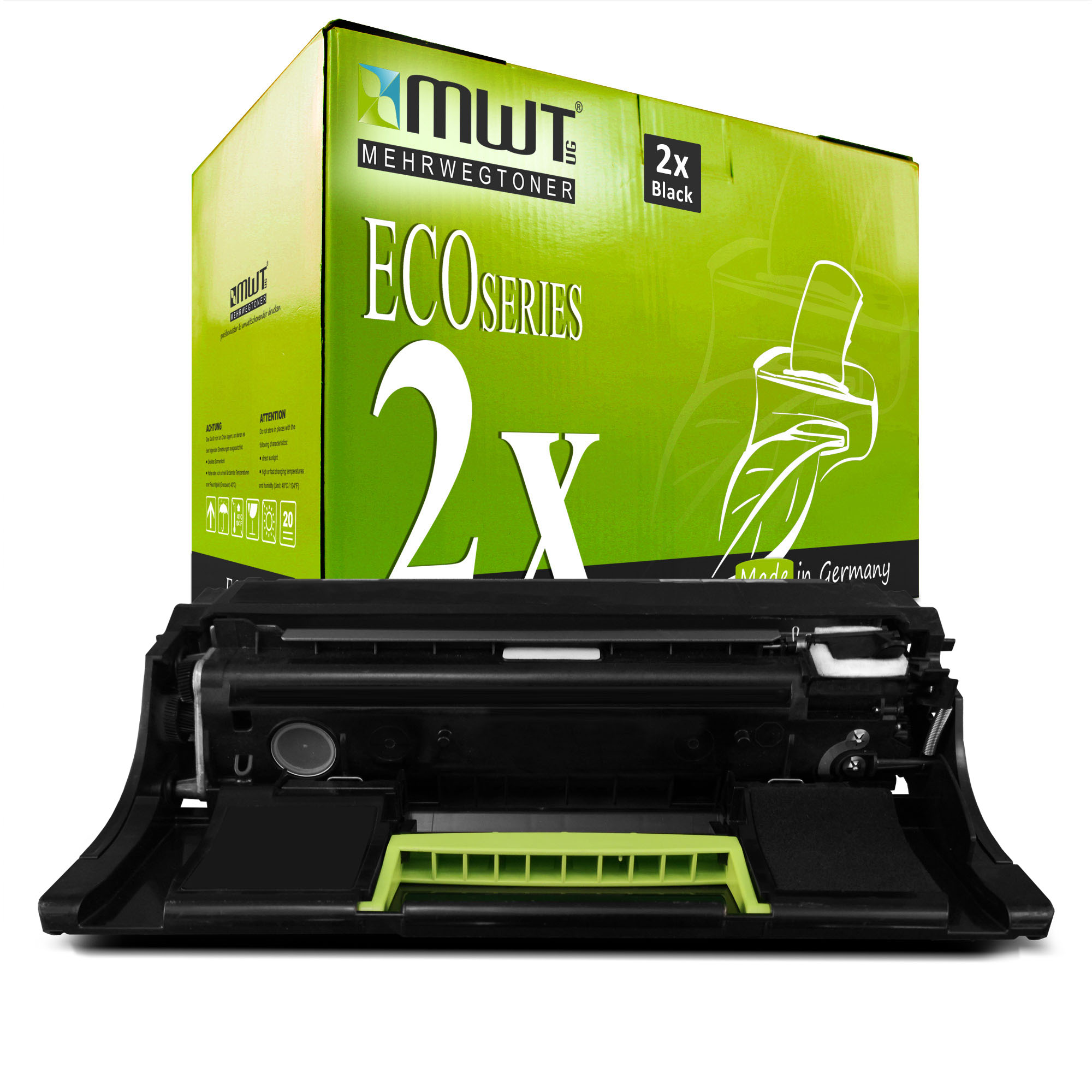 Grüne und schwarze Box mit schwarzer Tonerkartusche und hellgrüner Komponente. Die Box hat 'ECO SERIES'.