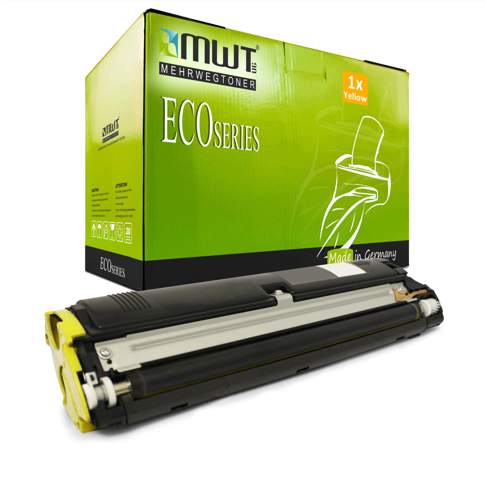 Eine gelbe Tonerkartusche und eine grün-weiße Schachtel. Auf der Schachtel steht ECO Series, made in Germany.
