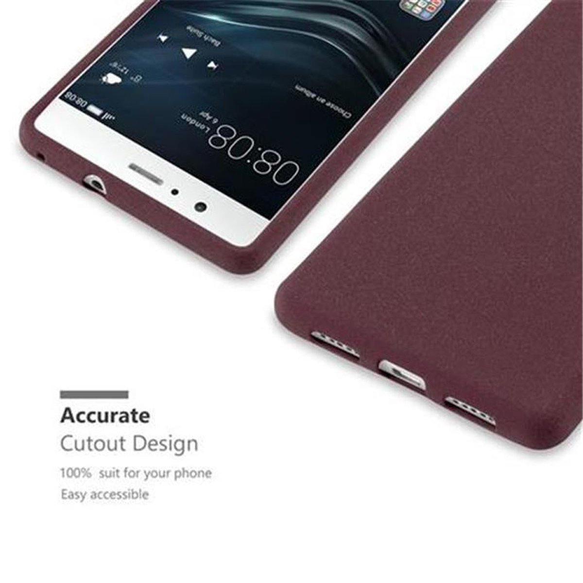 Funda de teléfono con teléfono dentro. El teléfono es burdeos y muestra una pantalla.