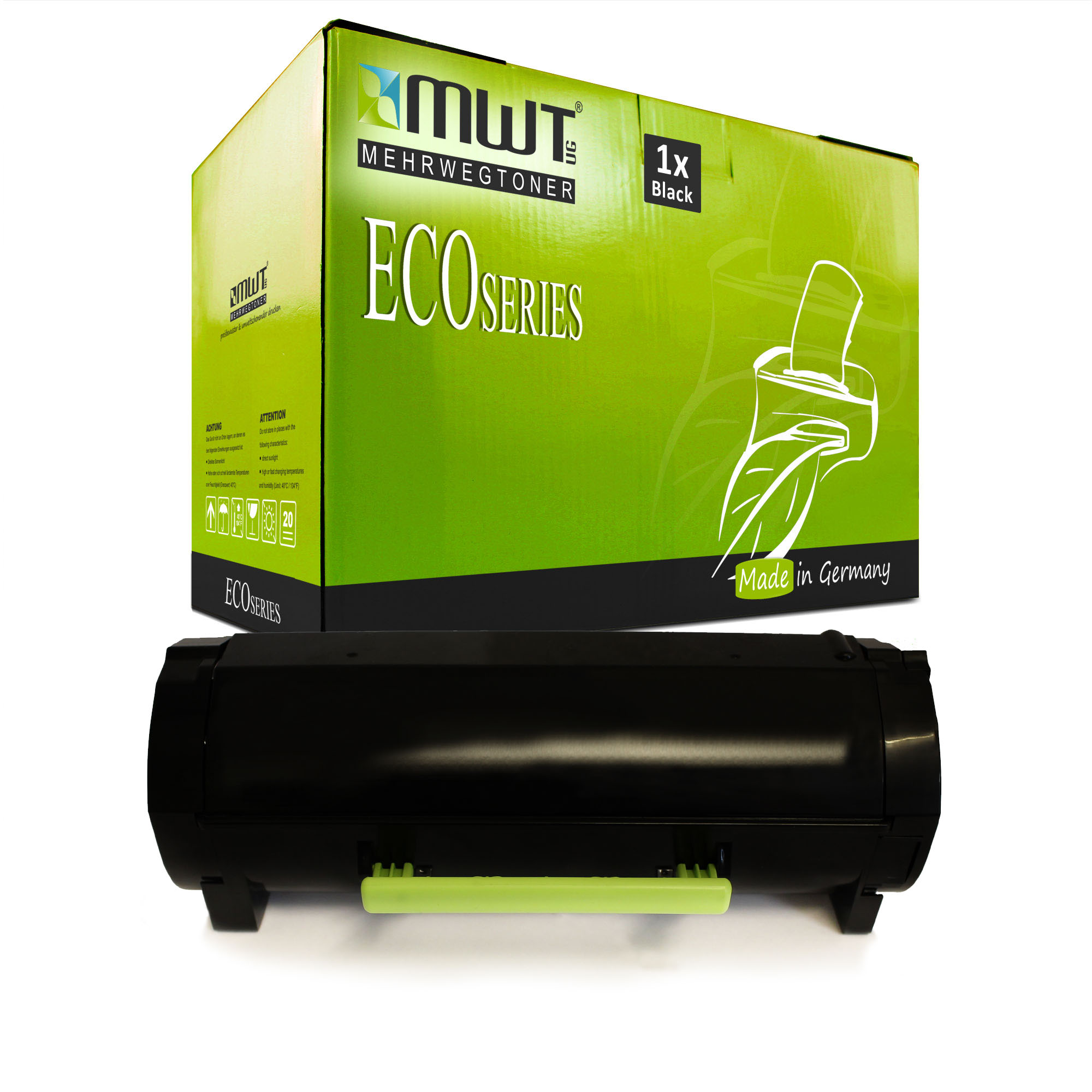 Grüne Box mit 'ECO SERIES' und schwarzer Tintenpatrone mit grünem Griff.