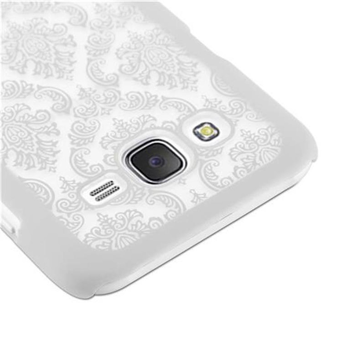 Una custodia bianca per telefono con un design floreale. La fotocamera è visibile.