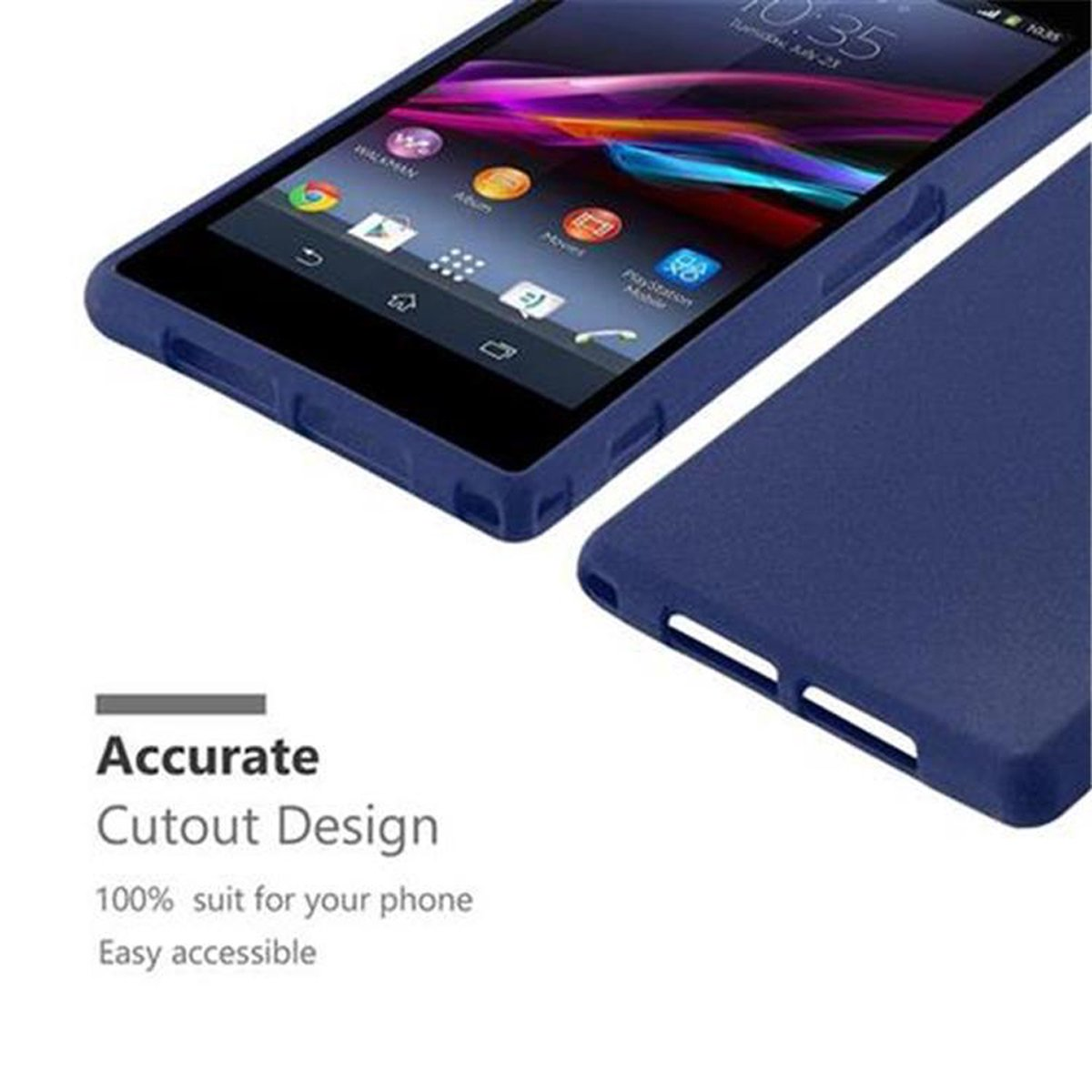 Una funda de teléfono azul marino con un teléfono dentro. La funda está sobre una superficie blanca con texto debajo.