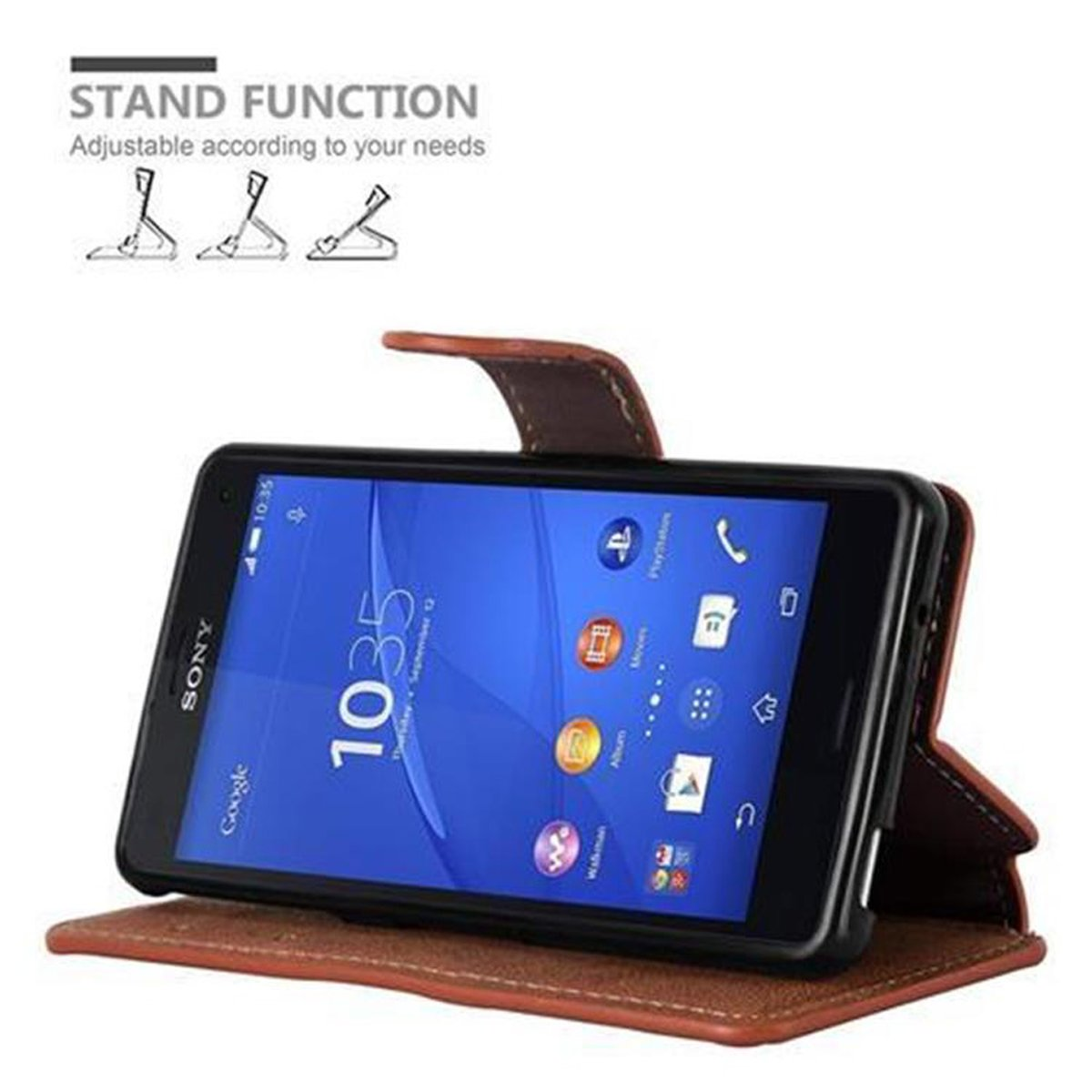 Un teléfono en una funda de cuero marrón con función de soporte. La pantalla muestra Google e información de tiempo.
