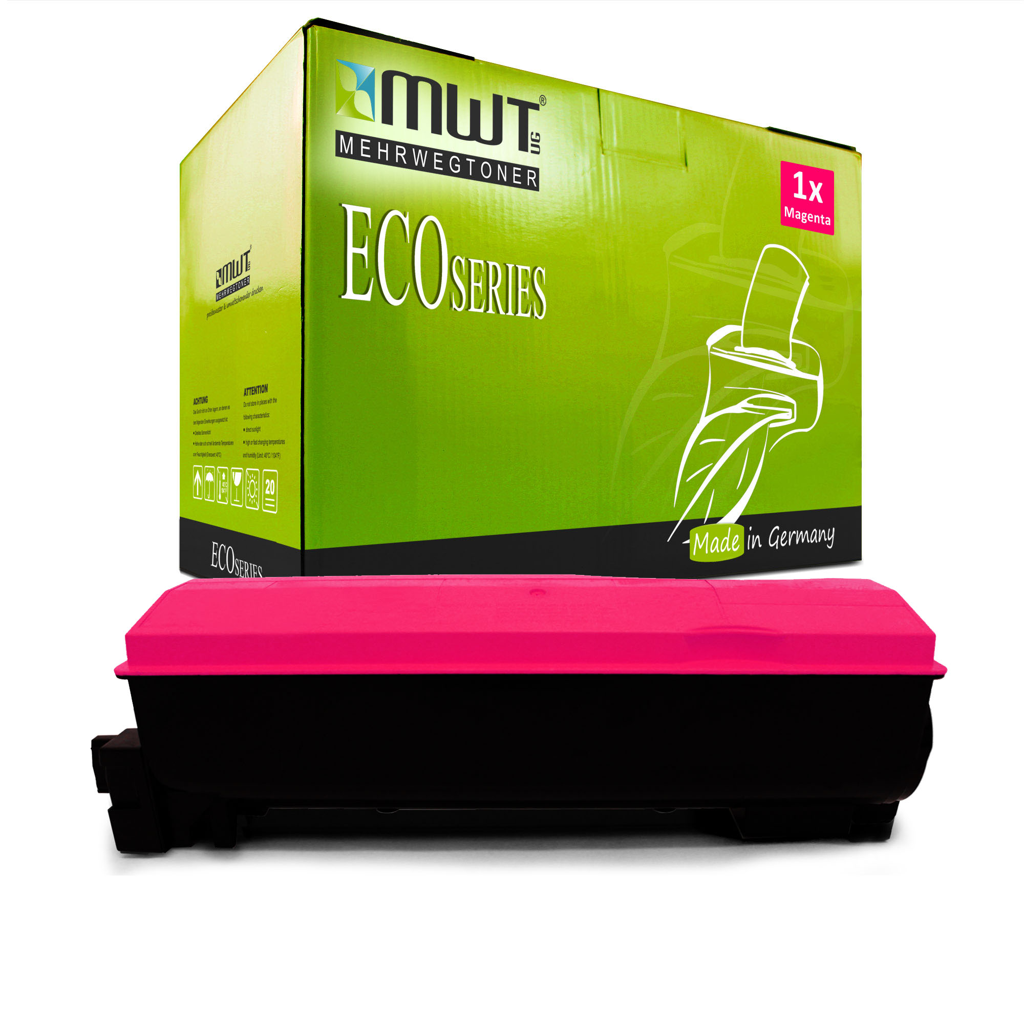 Eine magenta Tonerkartusche und -box. Die Box ist grün und weiß mit dem Markenlogo.