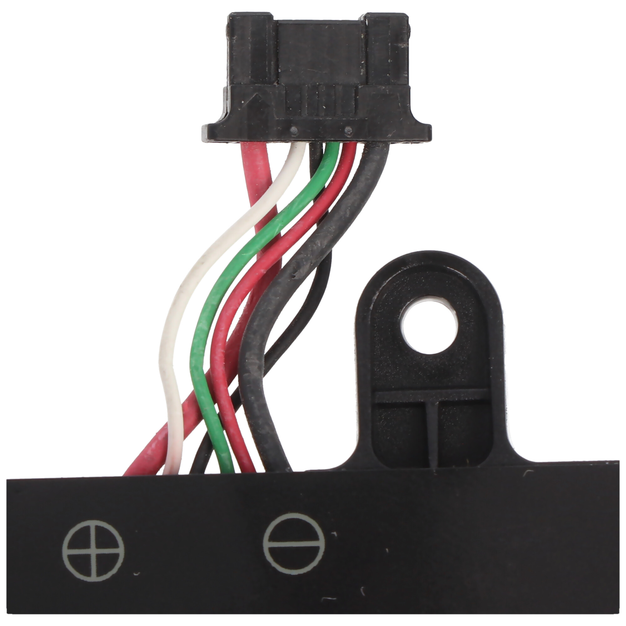 Schwarzer Stecker mit vier bunten Kabeln (rot, weiß, grün, schwarz).