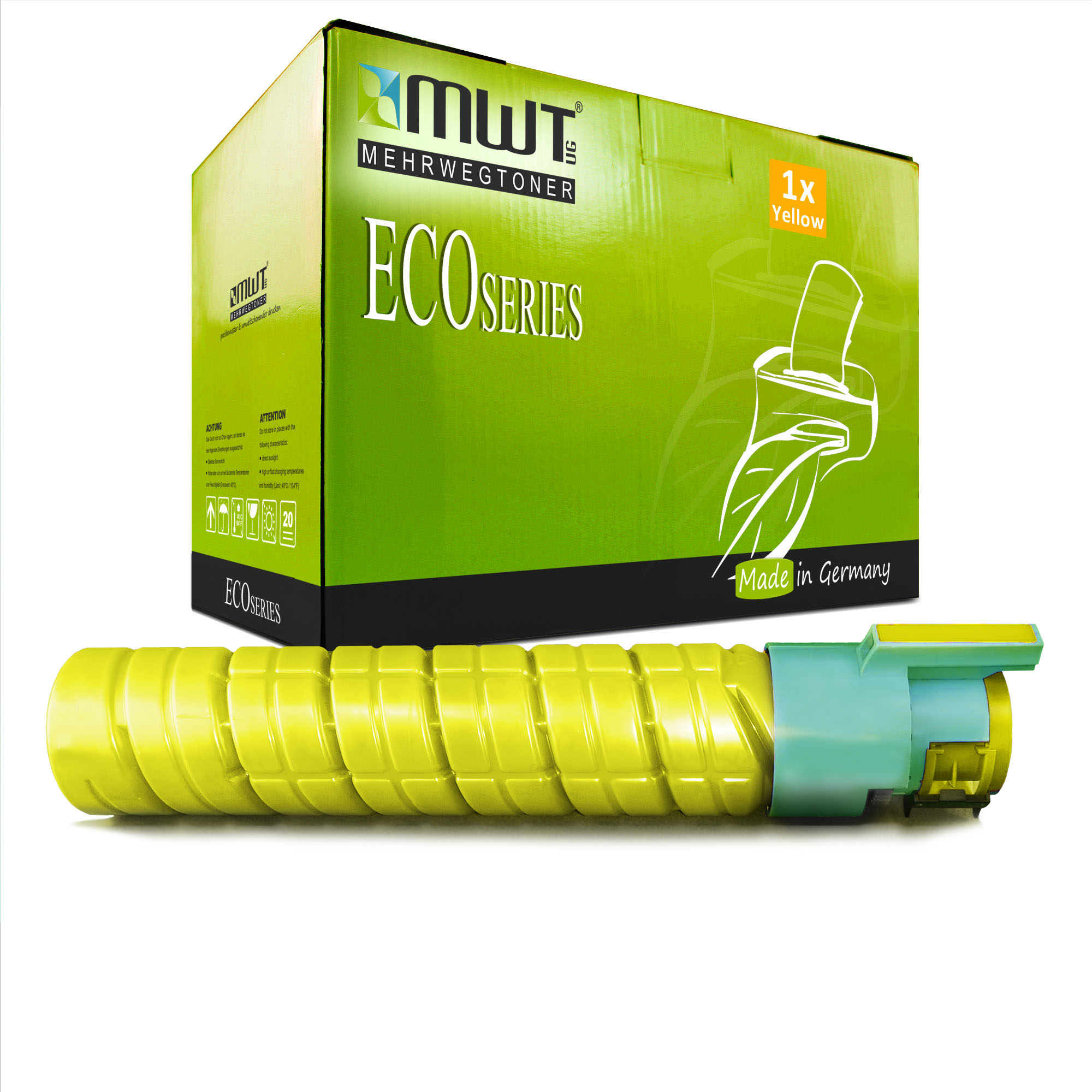 Gelbe Tonerkartusche und grüne Box. Auf der Box steht ECO SERIES, 1x Gelb, Made in Germany.
