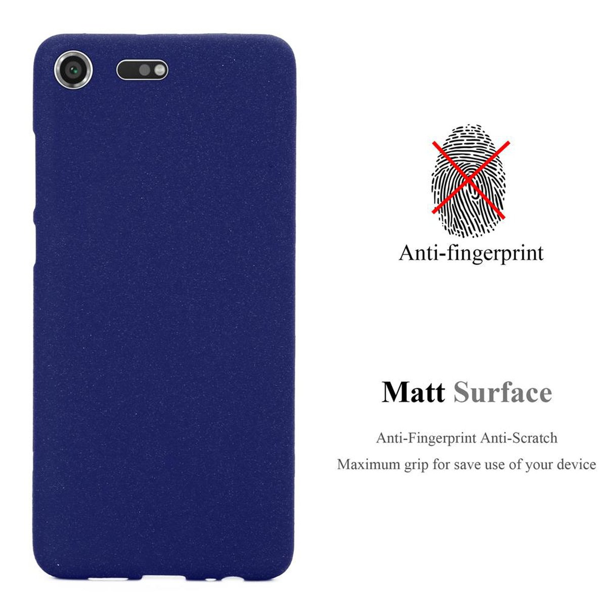 Una custodia per telefono blu scuro su sfondo bianco. Ha una fotocamera e un simbolo di impronta digitale.
