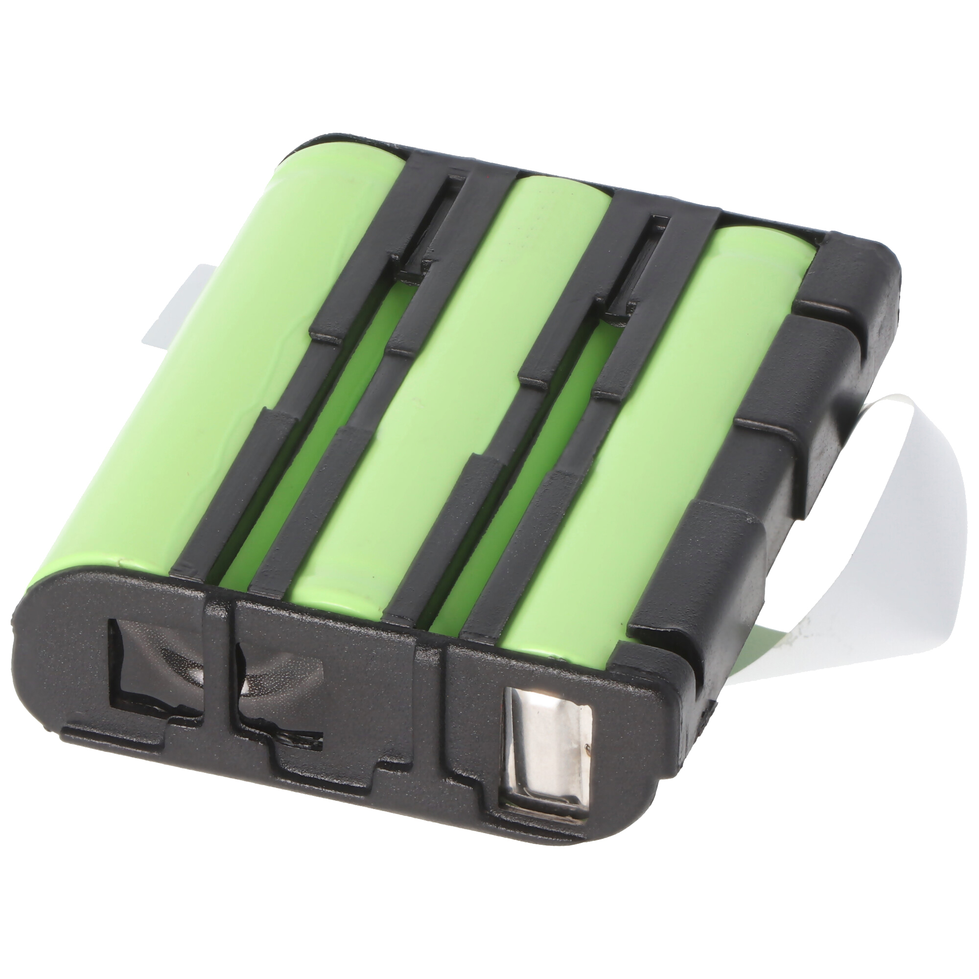 Groen gekleurd batterijpakket met vier cellen. Zwart plastic frame. Wit label.