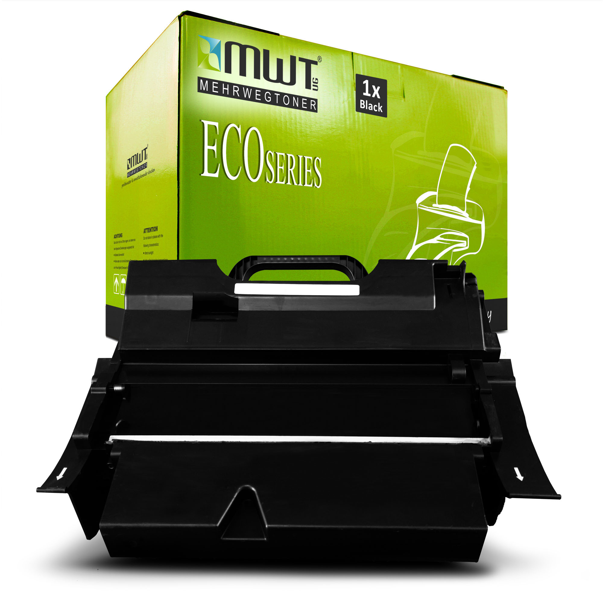 Schwarze Tonerkartusche mit einer grünen Box. Die Box ist mit 'ECO SERIES' beschriftet.