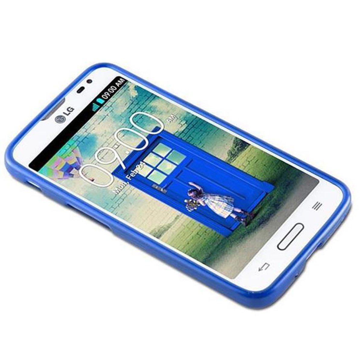 Un telefono bianco con custodia blu, che mostra un'immagine colorata di una porta blu e una figura.