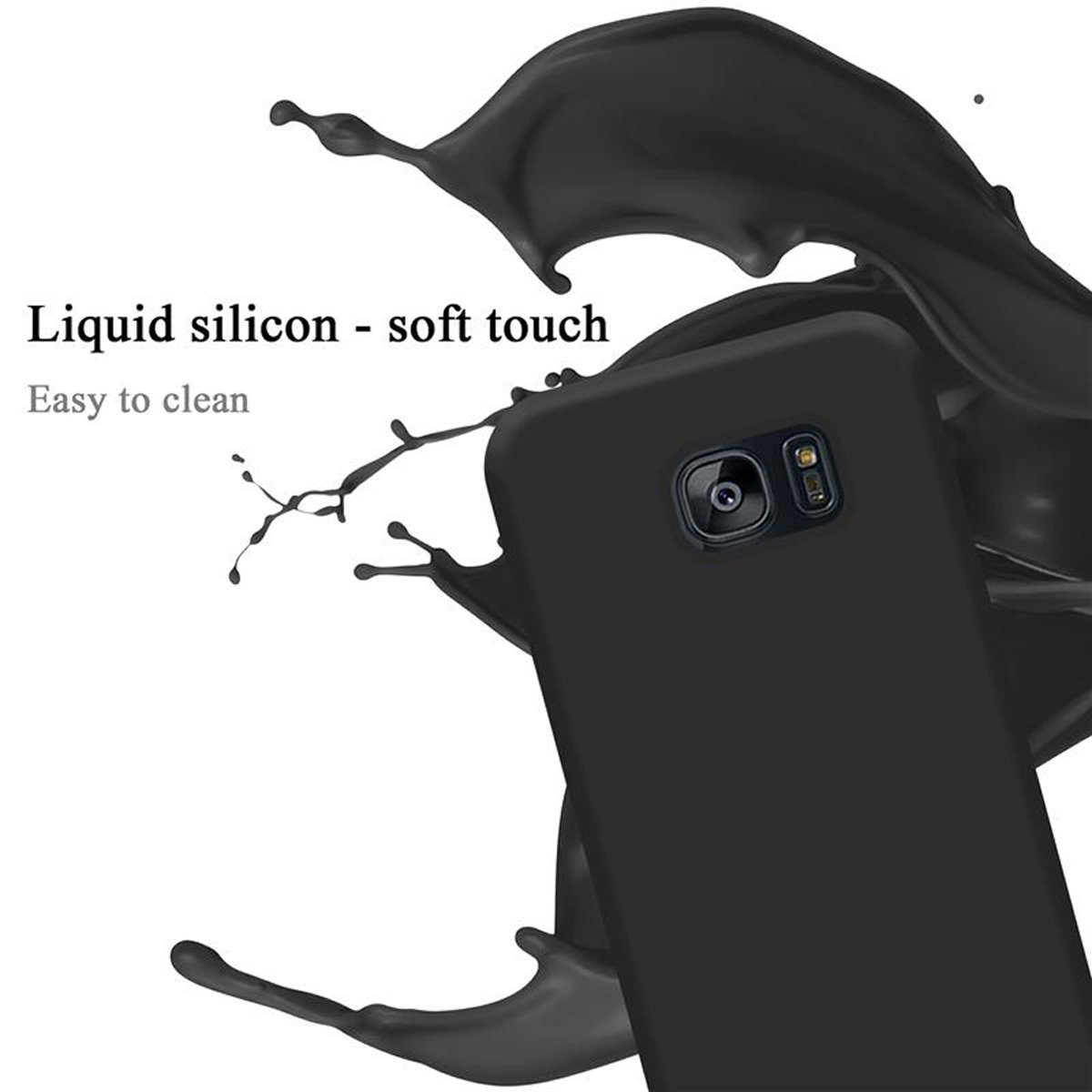 Funda negra para teléfono con salpicaduras de líquido negro. La funda del teléfono está en el centro de la imagen.