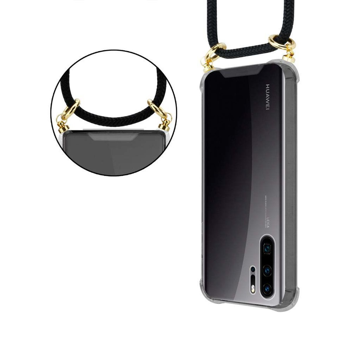 CADORABO Handy Kette P30 Kordel abnehmbarer Ringen, und Hülle, PRO, Backcover, Band Huawei, Gold SCHWARZ mit