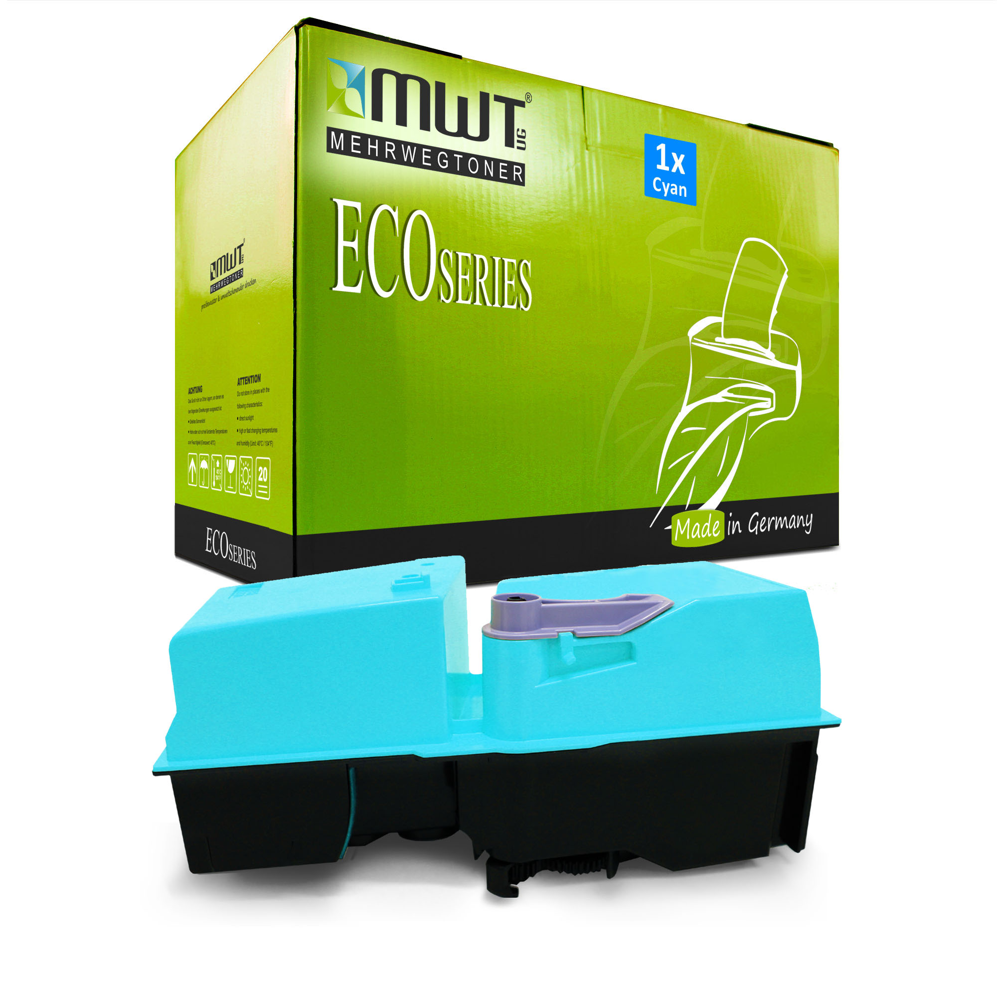 Grüne und weiße Schachtel mit "ECO SERIES"-Text. Eine cyanfarbene Druckerpatrone befindet sich vor der Schachtel.