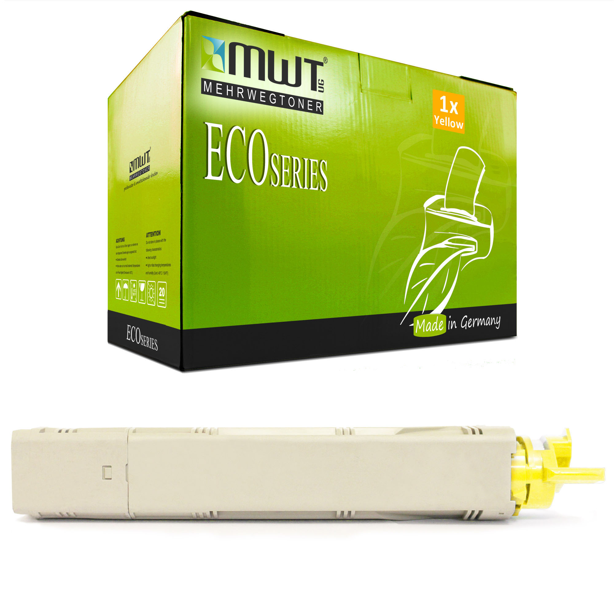 Grüne Box mit 'ECO SERIES' und gelber Tintenpatrone auf weißer Oberfläche.