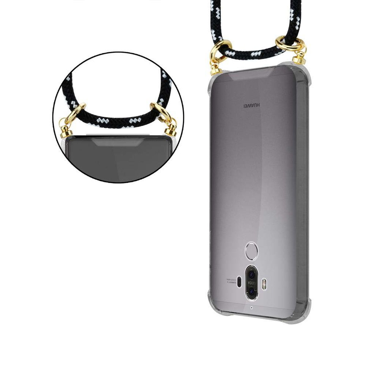CADORABO Handy Kette mit Gold Ringen, Hülle, abnehmbarer 9, SILBER Kordel und Backcover, Huawei, MATE Band SCHWARZ