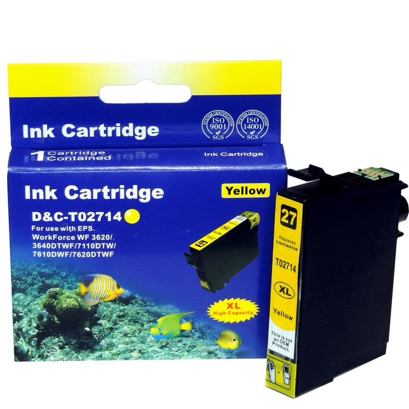 Gelbe Tintenpatronenbox mit einer schwarz-gelben Patrone. Fischgrafik.