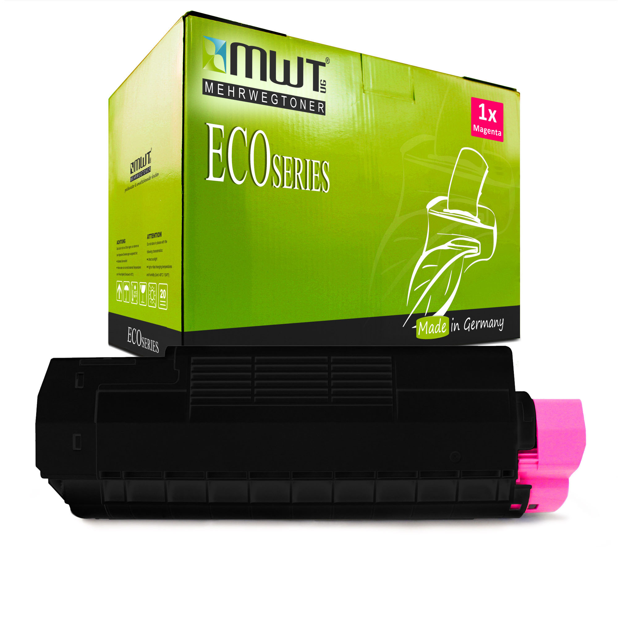 Magenta-Tintenpatrone und -box. ECOSERIES-Etikett. Rosa und schwarz. Made in Germany.