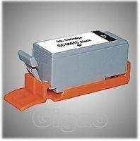 Tintenpatrone auf einem orangefarbenen Halter. Die Patrone ist grau und hat ein weißes Etikett mit schwarzem Text.