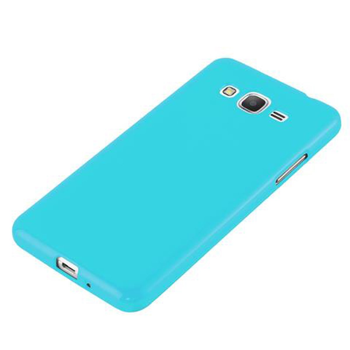 Funda de teléfono azul, mostrando la parte trasera, con recortes para la cámara y botones.