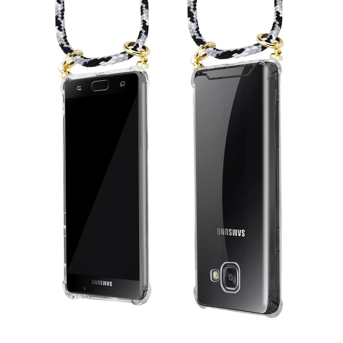 CADORABO Handy CAMOUFLAGE Galaxy Hülle, Backcover, Kordel SCHWARZ mit abnehmbarer Samsung, Ringen, und 2016, A5 Band Gold Kette