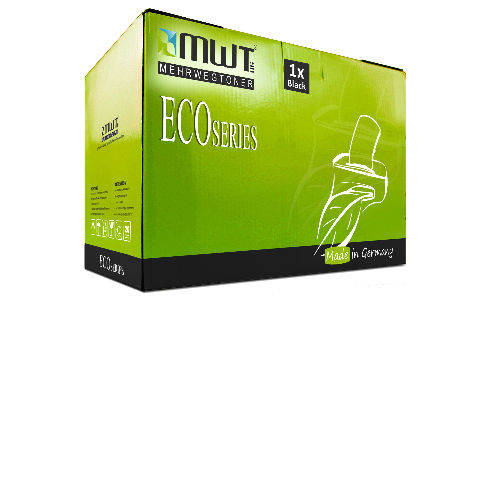 Grüne und schwarze Box mit 'ECO Series' und 'MWT' Logo. Eine schwarze Tonerkartusche ist nicht enthalten.
