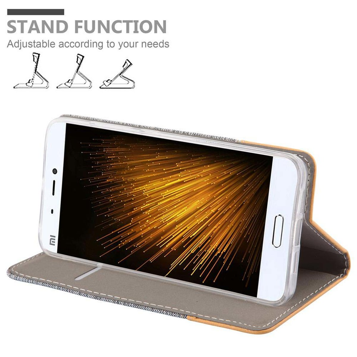 Telefono in custodia con funzione supporto. Schermo dorato con custodia grigio chiaro.