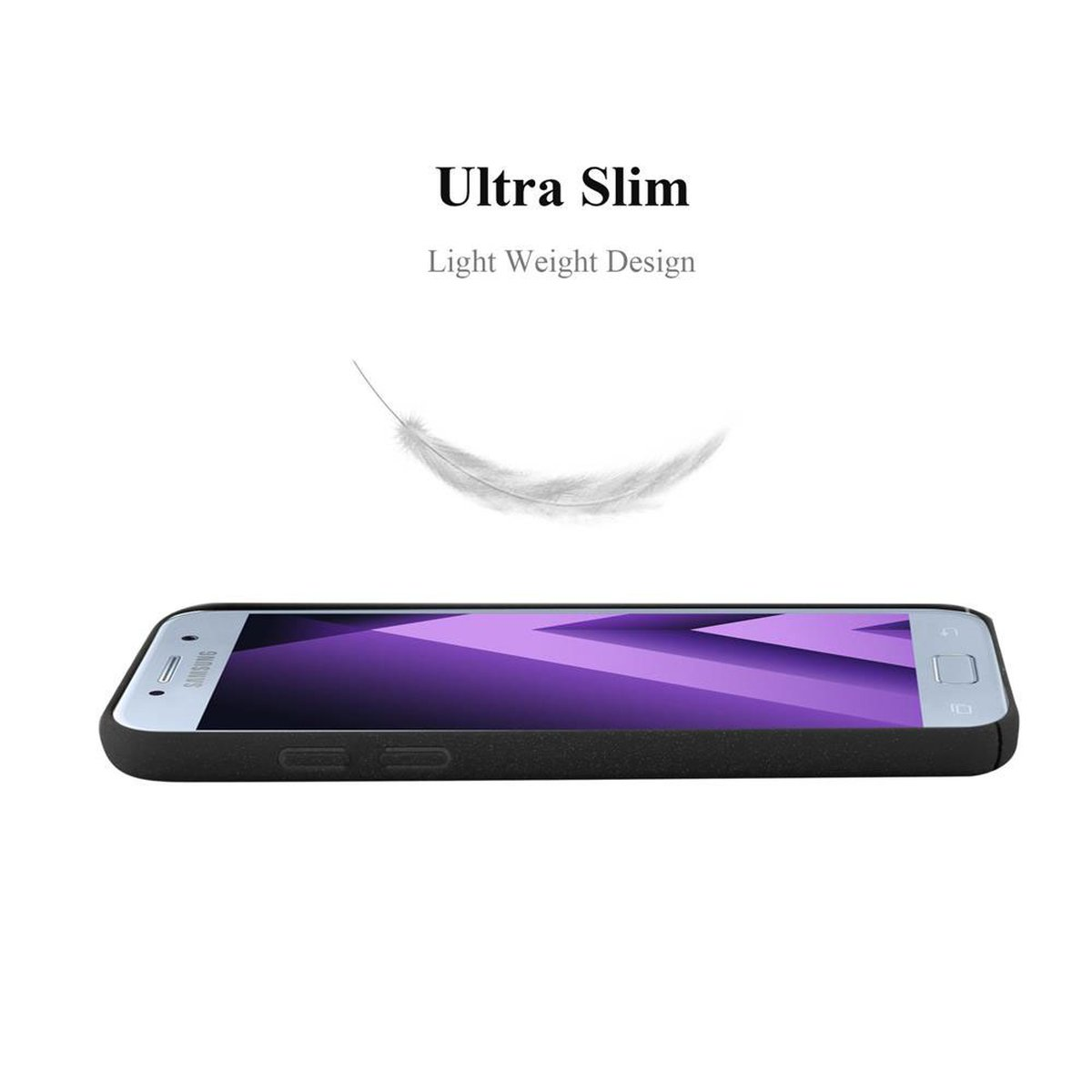 Ultraschlanke Handyhülle mit lila Telefon und weißer Federgrafik.