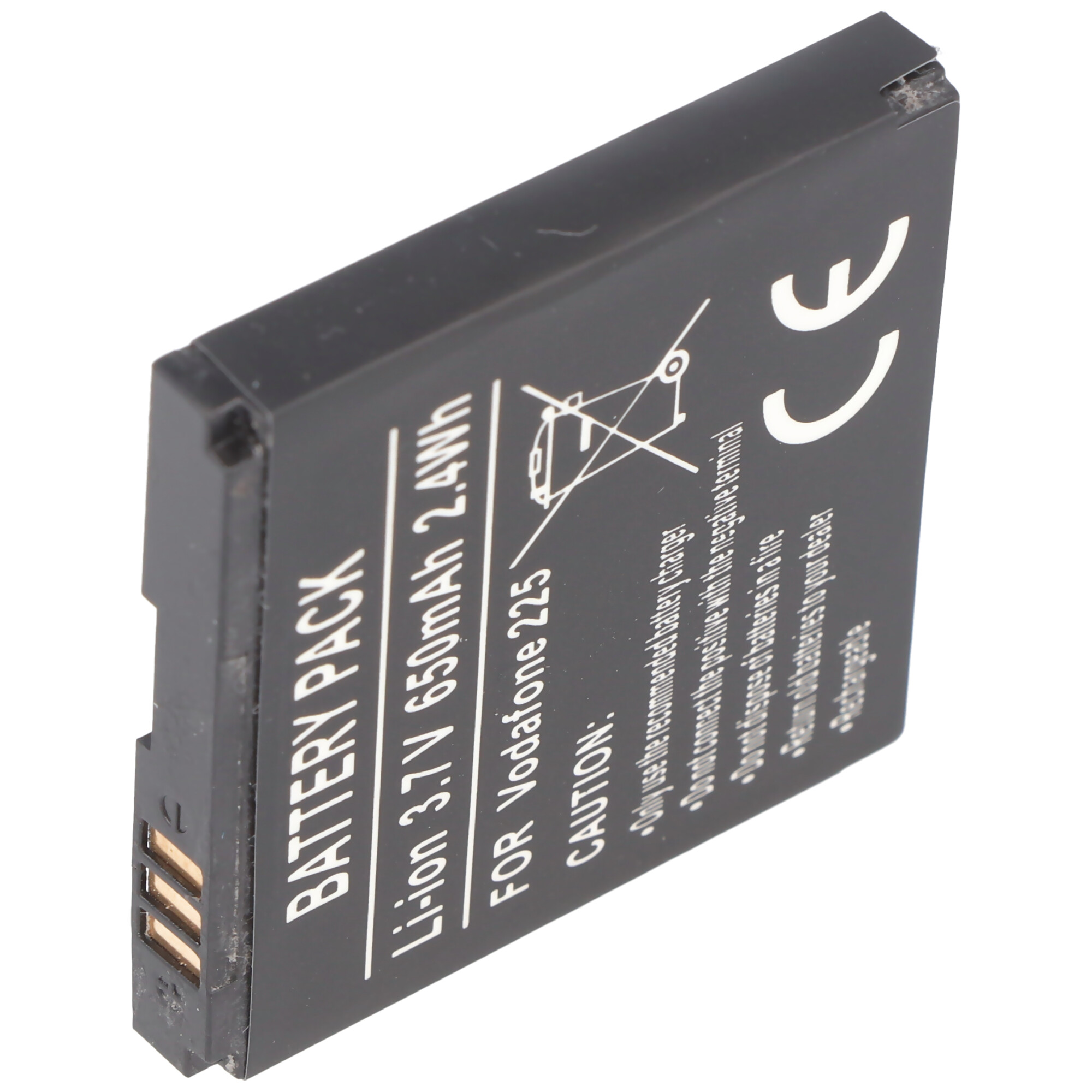 Schwarzes Akku-Pack mit Warnhinweisen. Das Pack hat ein Etikett mit Batterieinformationen und CE-Zeichen.