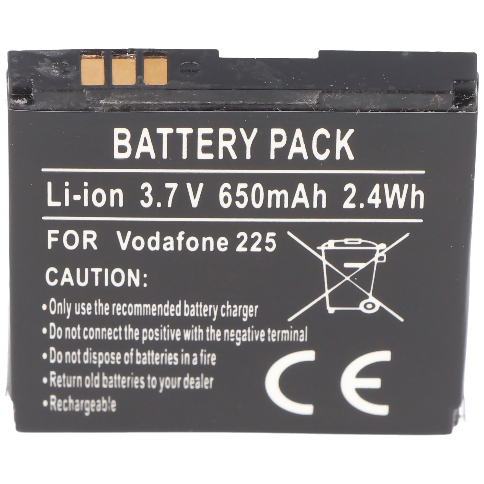 Schwarzes Akkupack mit Text: 'Battery Pack, Li-ion 3.7V 650mAh' und Warnhinweisen.
