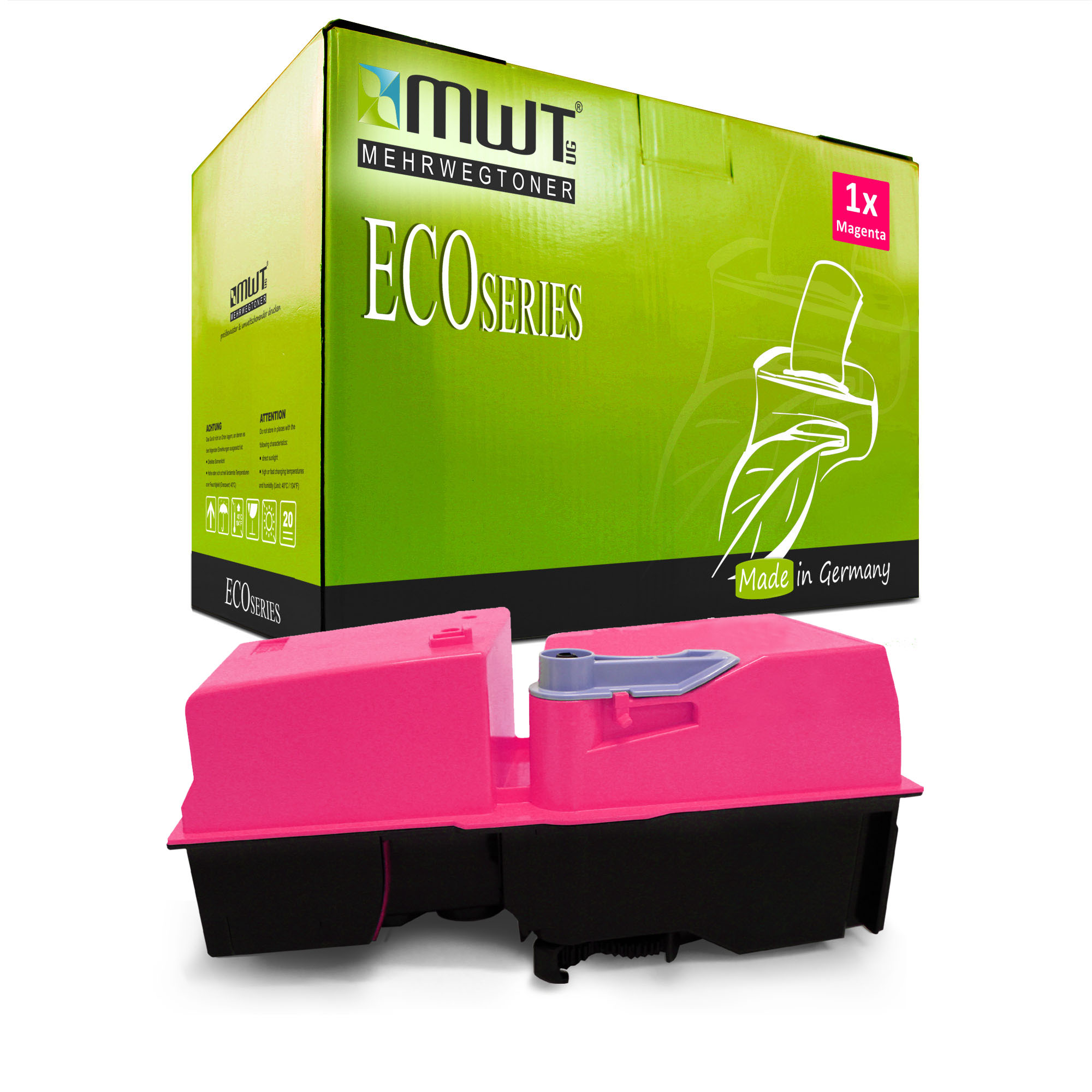 Magenta Tintenpatrone und ihre Box auf weißem Hintergrund.