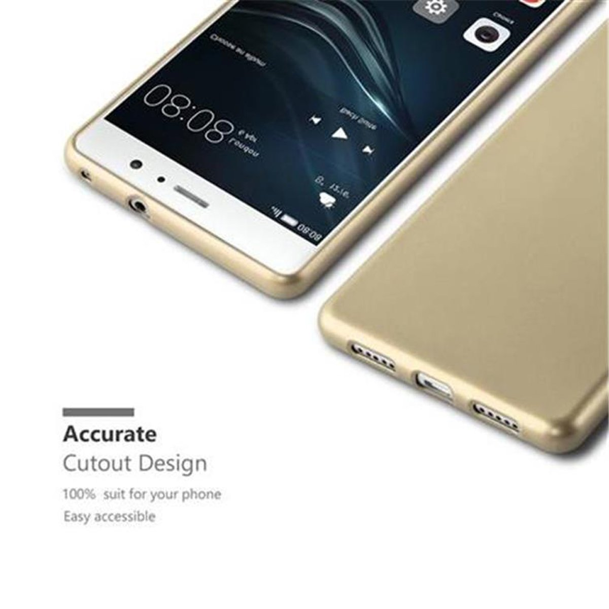 Goldene Handyhülle, Telefon teilweise innen. Weißer Hintergrund, Text unten.