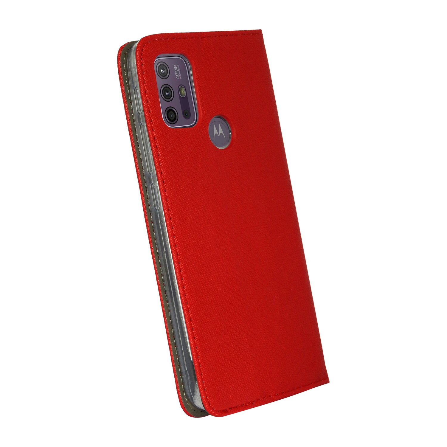 Rote Handyhülle mit Telefon darin. Die Hülle ist geschlossen, mit Kamera auf der Rückseite. Weißer Hintergrund.