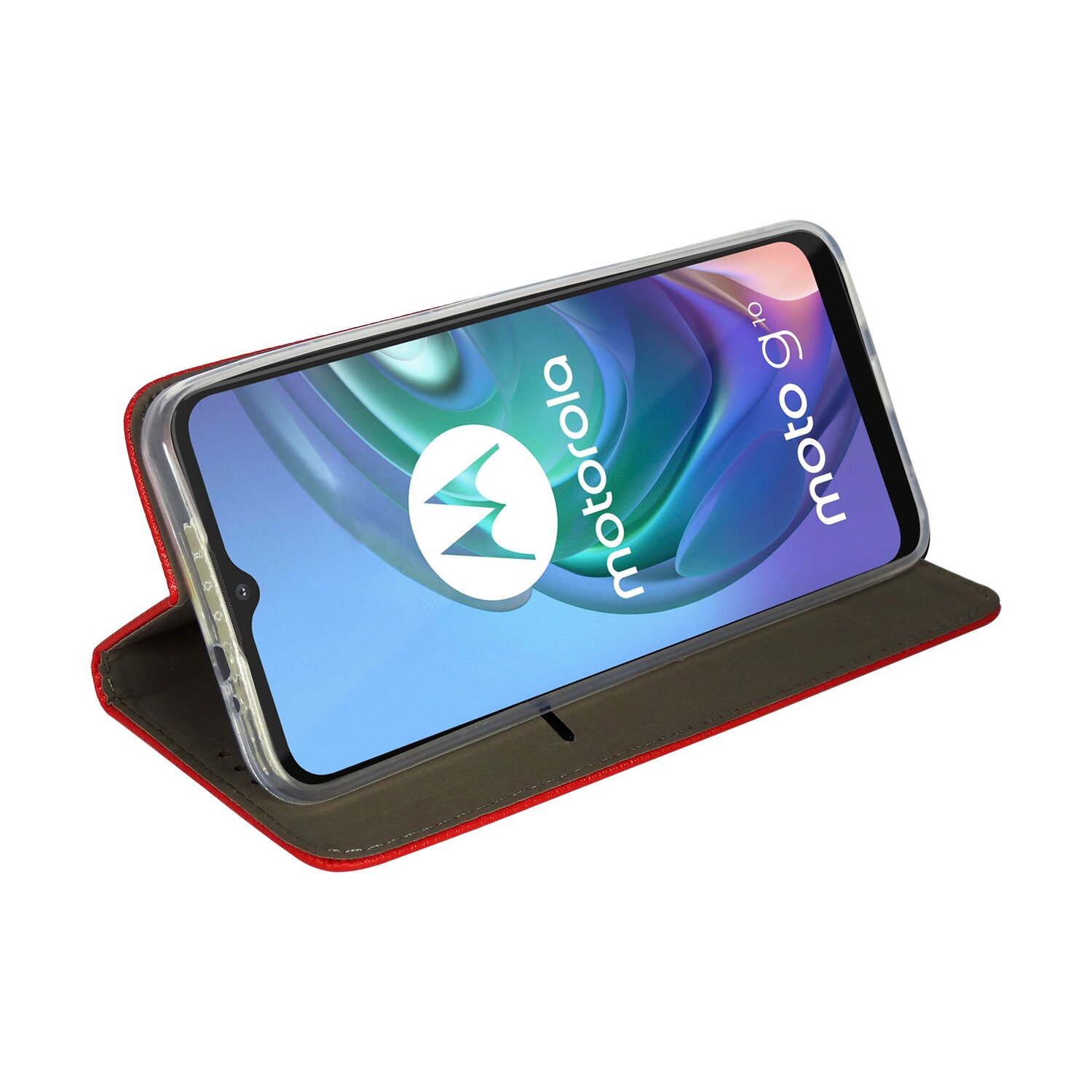 Telefon in einer Klapphülle, rot und transparent. Telefon hat 'Motorola' und 'moto g' auf dem Bildschirm.