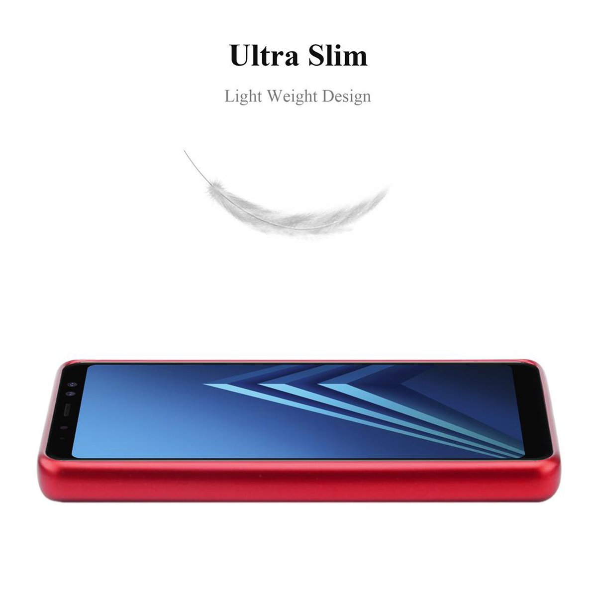 Telefon auf der Seite, mit Feder und Text: Ultra Slim.