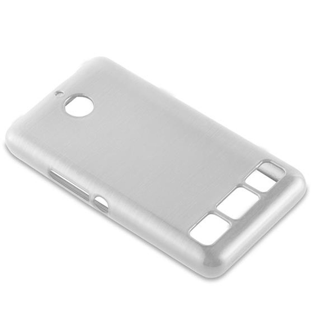 Funda plateada para teléfono con recortes para cámara y botones. Vista en ángulo.
