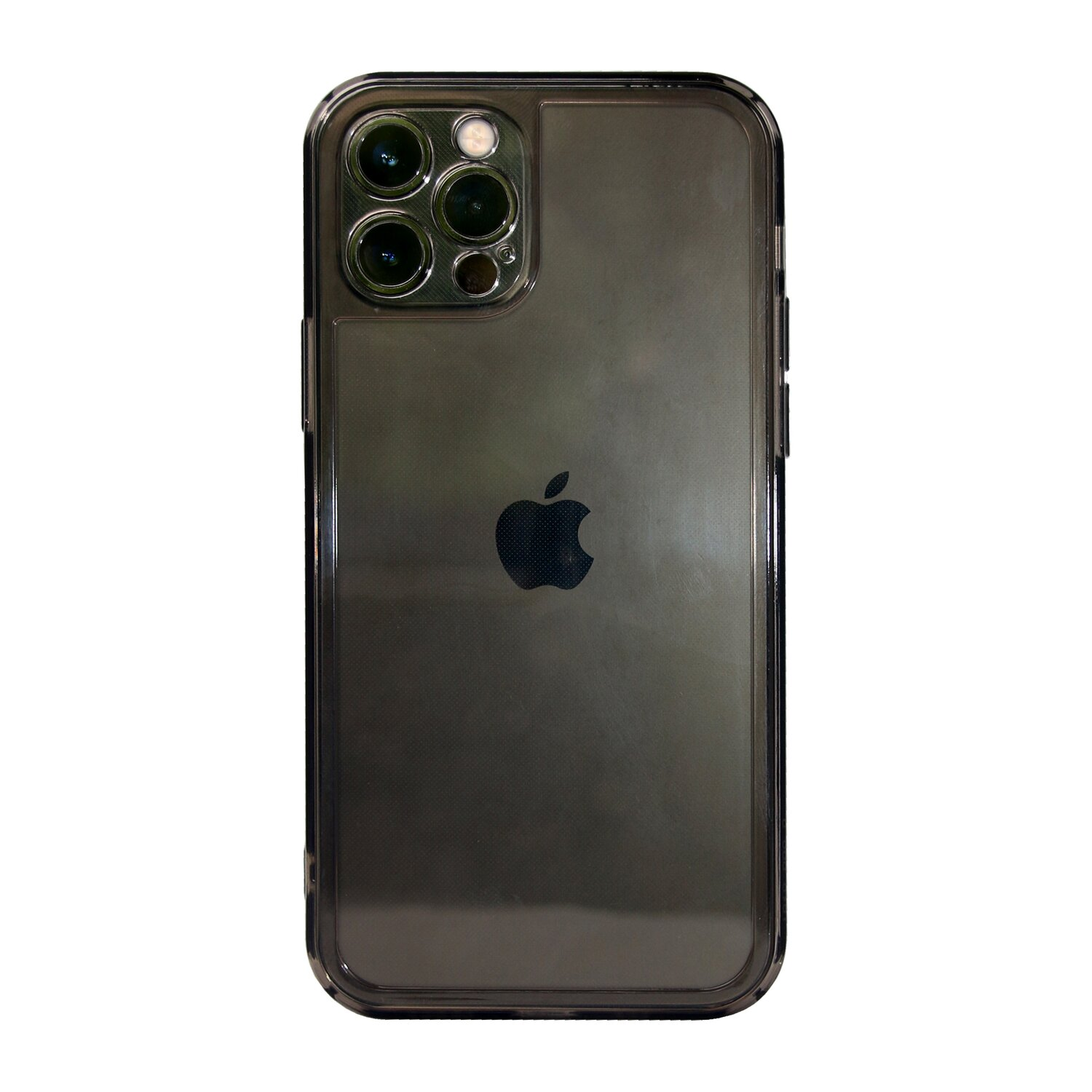 Ein schwarzes Telefon mit Hülle. Das Telefon hat mehrere Kameras und ein Apple-Logo.