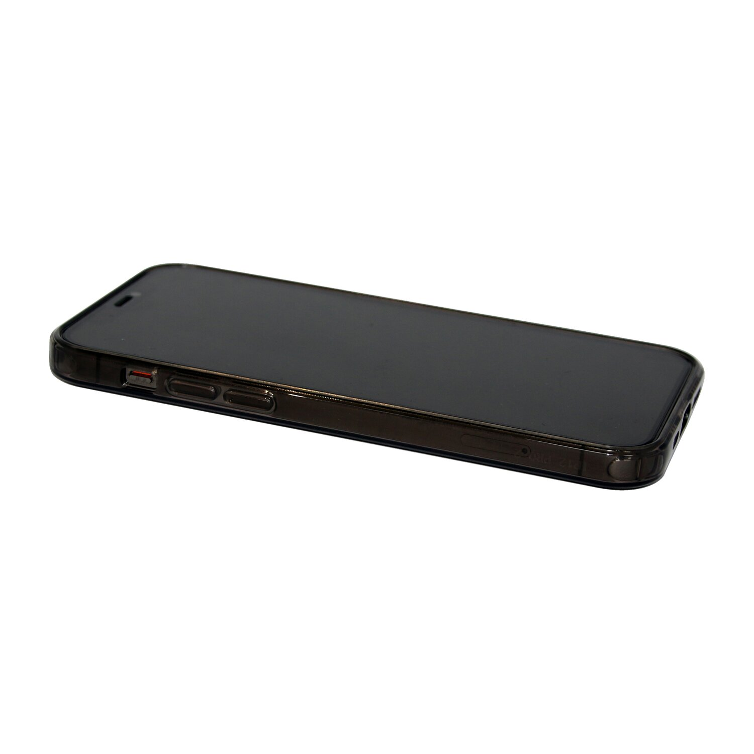 Schwarzes Telefon in Hülle, schräge Ansicht, auf weißer Oberfläche. Schlankes Design, schwarze Farbe.